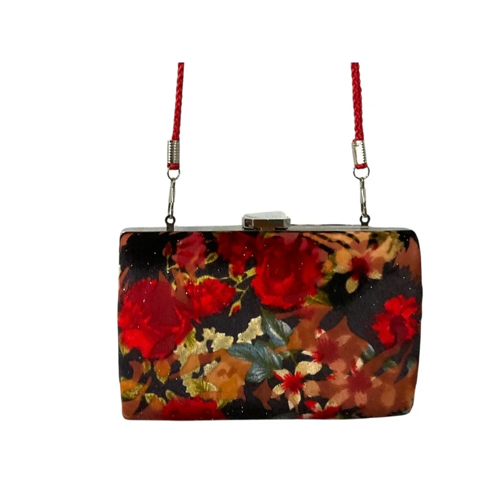 Vintage Floral Velvet Box Clutch Evening Bag Black Red Crossbody Purse Silver‎